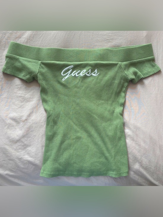 Guess Tops - Guess Green Off-Shoulder Ribbed Top with Logo